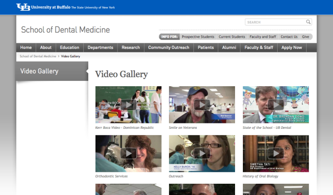Screen shot of UB's dental video gallery, showing videos available. 