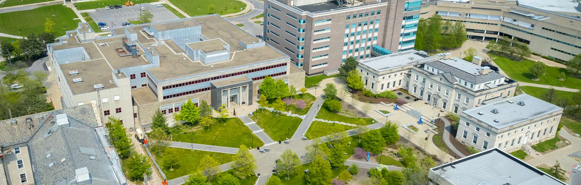 Aerial photo of Squire Hall. 