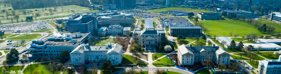 Aerial view of Hayes Hall. 