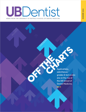 Cover of UB Dentist magazine, Summer 2024 issue. The cover shows multicolored upward arrows with the title, "Off the Charts.". 