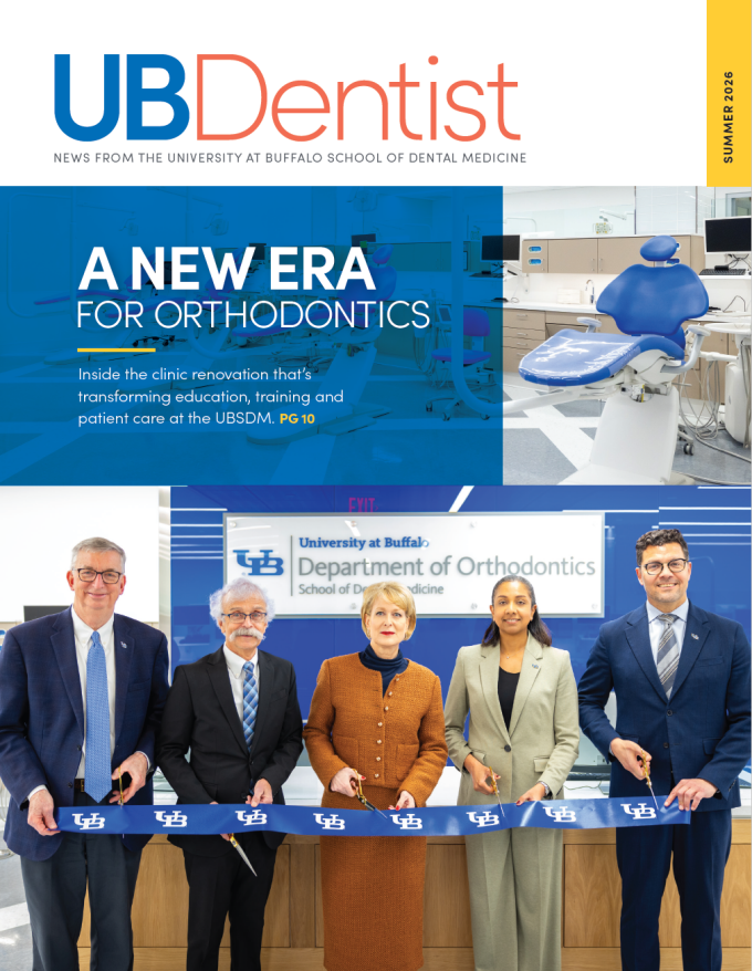 Cover of UB Dentist magazine, summer 2026 issue. The issue's title is "A New Era for Orthodontics" and features a photo of an operatory chair and five people cutting the ribbon for the new clinic's opening. 