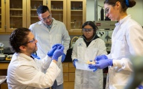 Three student researchers in lab coats look at a sample held up by a faculty researcher in a white lab coat. 