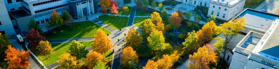Aerial image of Harriman Hall and Harriman Quad on South Campus with the trees changing colors for fall, taken in October 2022. Photographer: Douglas Levere. 