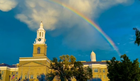 rainbow over an academic building. 