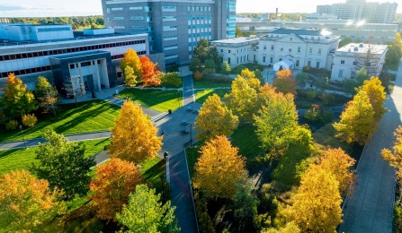 an overhead shot of south campus in the fall. 