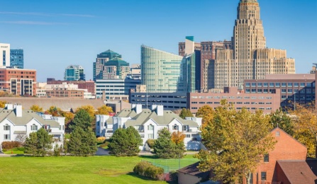 Image of Buffalo New York buildings, houses and tree line. 