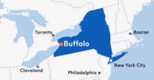 * map of NYS highlighting nearby cities. 
