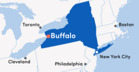 * map of NYS highlighting nearby cities.