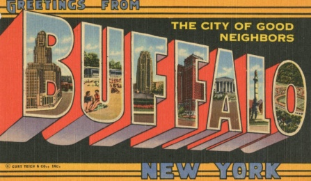 Buffalo City of Good Neighbors postcard with city skyline. 
