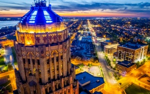 Aerial image of Buffalo City Hall taken at sunset in May 2022. 