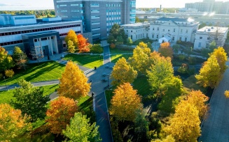 an overhead shot of south campus in the fall. 