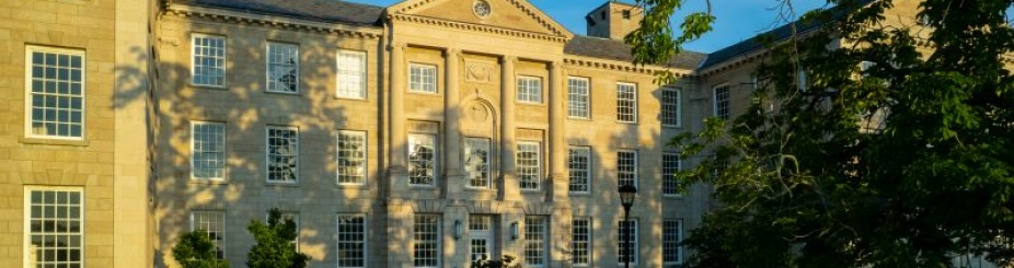 Aerial image of Crosby Hall on South Campus. 