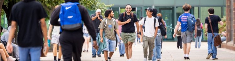 Students walk along the Promenade on the Spine of North Campus on the first day of classes for the fall semester in August 2025.