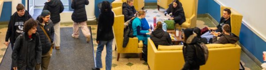 The first day of the spring semester on South Campus in January 2026. People in Harriman Hall. 