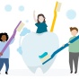 Illustration of three people brushing a tooth. 
