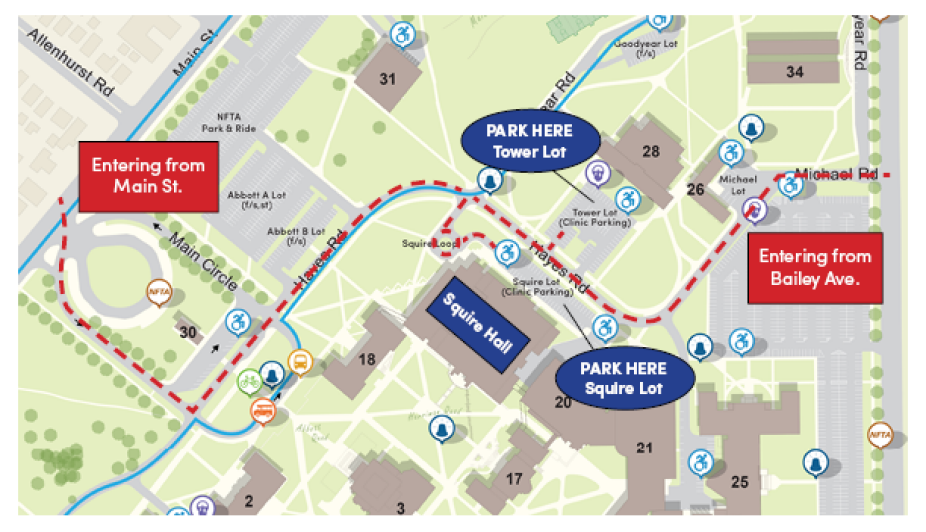 Zoom image: A map of UB's South Campus identifying directions to Squire Hall from Main Street and Bailey Ave. 