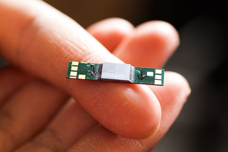 A computer chip on the tip of a person's finger. 