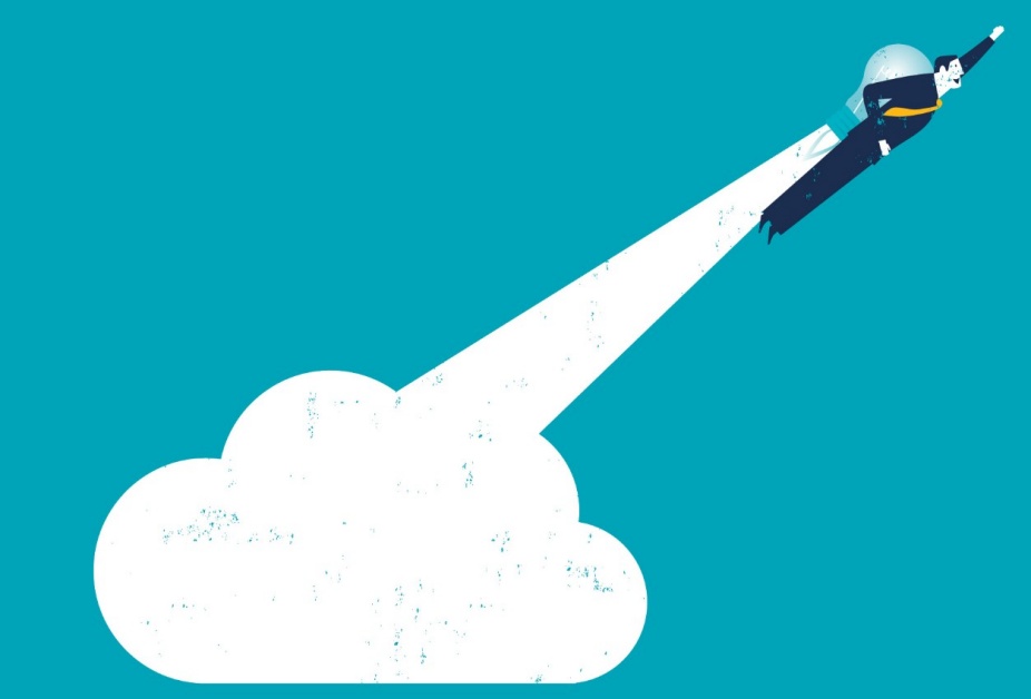 Icon of a man wearing a jet pack flying up from a cloud. 