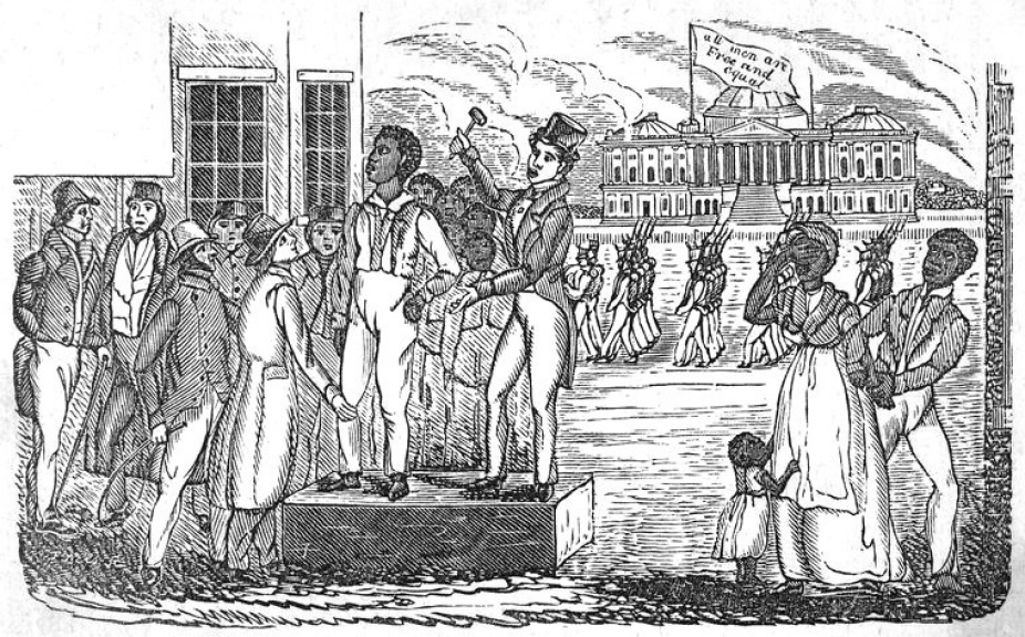Pen and ink drawing of a slave auction. 