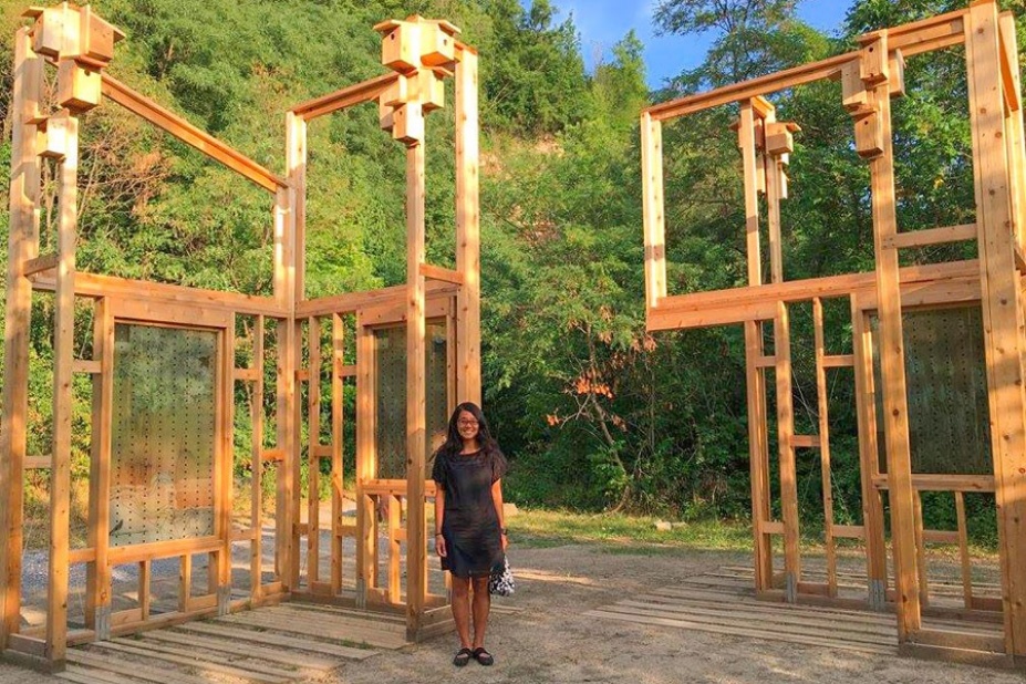 Joyce Hwang in front of Artpark installation called Bower.