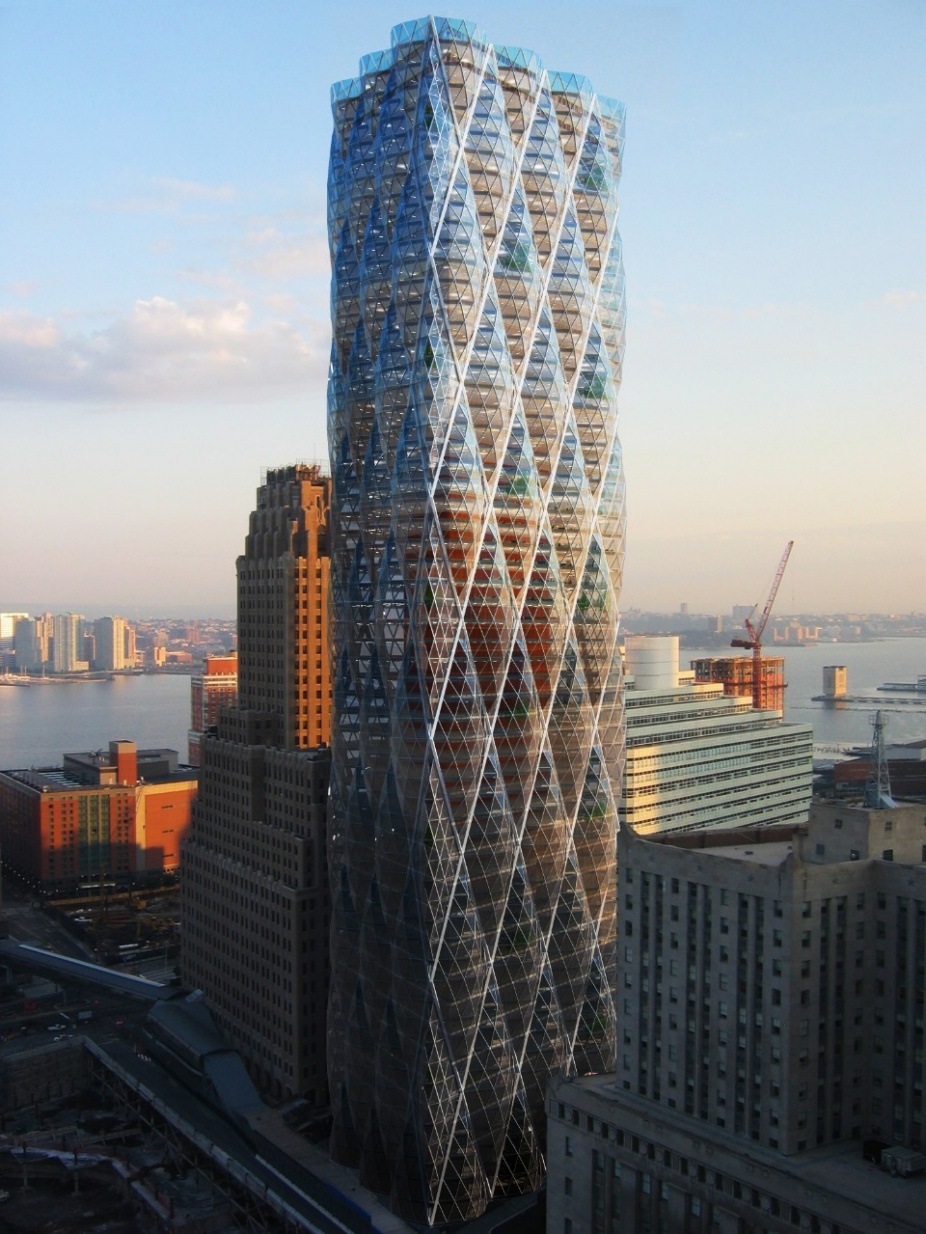Full-length rendering of Jin Young Song's tower design showing the criss-crossing diagrid structure that makes up the building's exterior. 