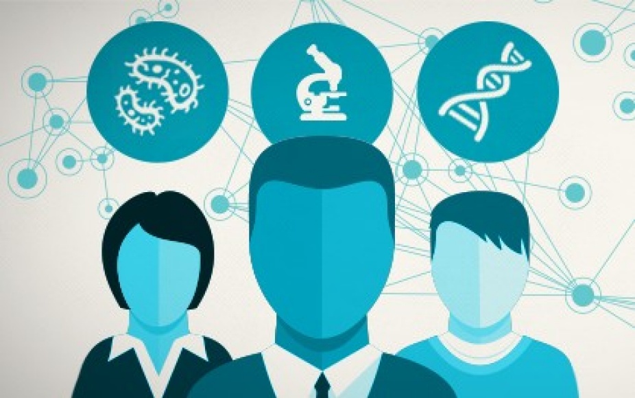 Graphic depicting three people with images of bacteria, a microscope and DNA above their heads. 
