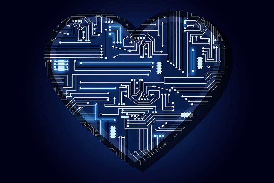 Illustration of a heart made of circuits. 