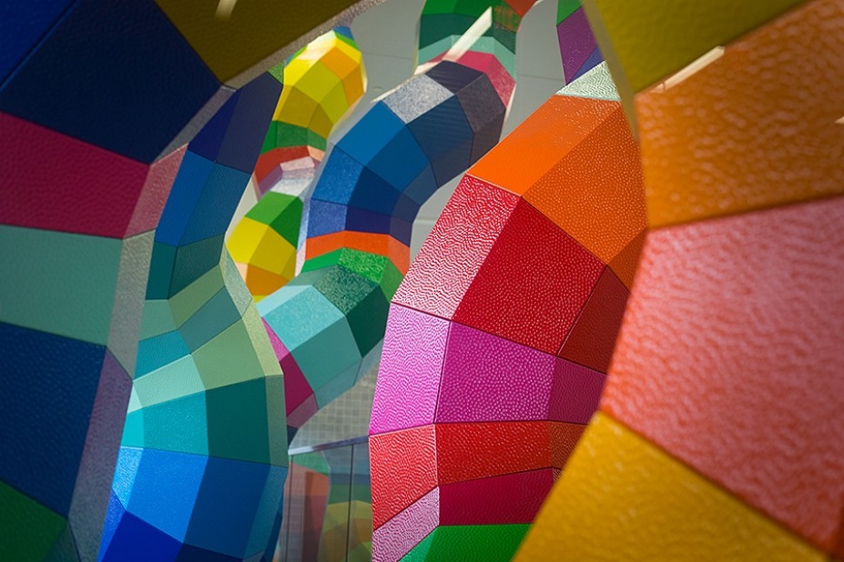 Close-up of brightly colored microbiome sculpture. 