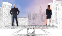 Man and a woman on opposite ends of a seesaw.