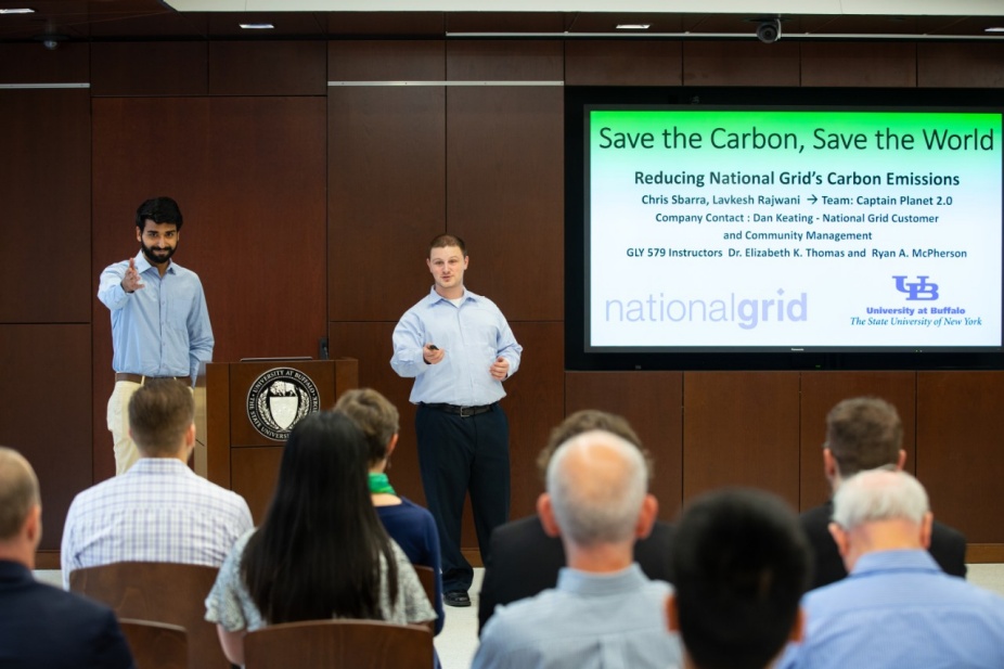 Zoom image: UB students Lavkesh Rajwani (left) and Chris Sbarra (right) partnered with National Grid through the class. Credit: Douglas Levere / University at Buffalo 