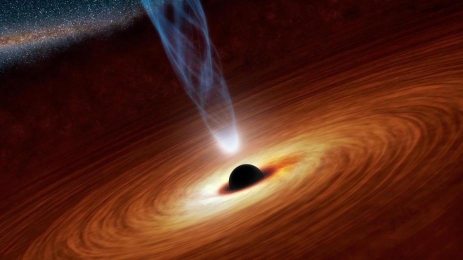 An artist's illustration of a black hole, with clouds of dust/gas swirling around it.