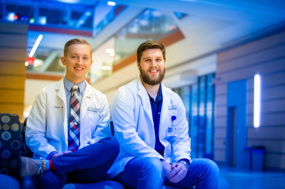 UB medical students Cullan Donnelly, left, and Ryan Elnicki, photographed inside the Jacobs School of Medicine and Biomedical Sciences building in November 2019. Photo: Douglas Levere. 