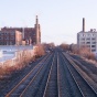 View looking down a set of railroad tracks in Buffalo. 