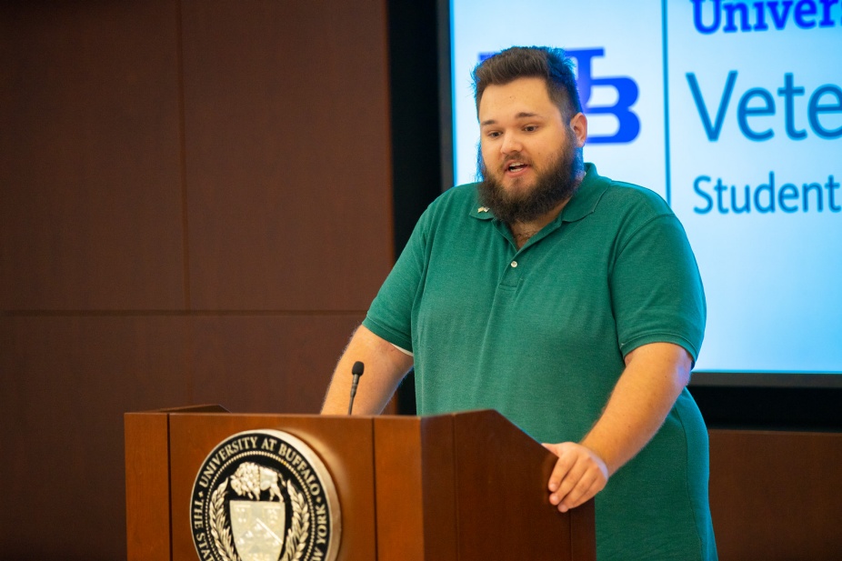 Zoom image: UB student Justin Downey speaks at a Veterans Day ceremony held on campus in November 2019. Photo: Douglas Levere 