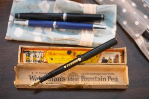 Zoom image: One of UB chemist Timothy Cook&rsquo;s special fountain pens. This pen &mdash; a gift from his research group &mdash; is over a century old, he says. Dating to 1910, it&rsquo;s made from chased rubber and has been restored, Cook explains. Credit: Douglas Levere / University at Buffalo. Media outlets may view and download more photos of Cook and his art. 