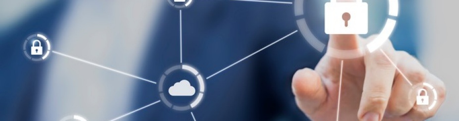 Cybersecurity illustration with a hand touching a lock enclosed in a circled that is connected by lines to a constellations of circles containing figures that represent people, clouds, locks and email. 