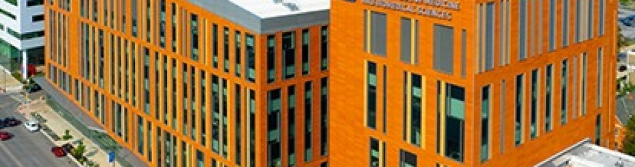 Aerial view of the exterior of the Jacobs School on Main St. 