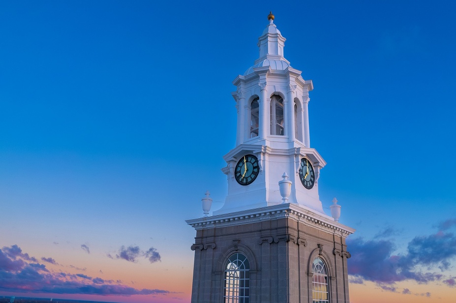 Aerial view of Hayes Hall Clock tower at sunrise.