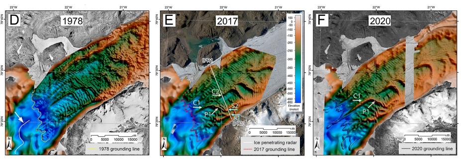 Visualizations of changes in a Greenland glacier over the past 44 years. 