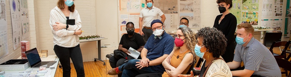 Zoom image: In May 2023, students take part in a final review critique at PUSH Buffalo's office. Photo: Meredith Forrest Kulwicki 