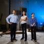 From left to right, Ravi Ranade, Pinar Okumus, and Negar Elhami-Khorasani in UB's Structural Engineering and Earthquake Simulation Laboratory, where experiments will take place. 