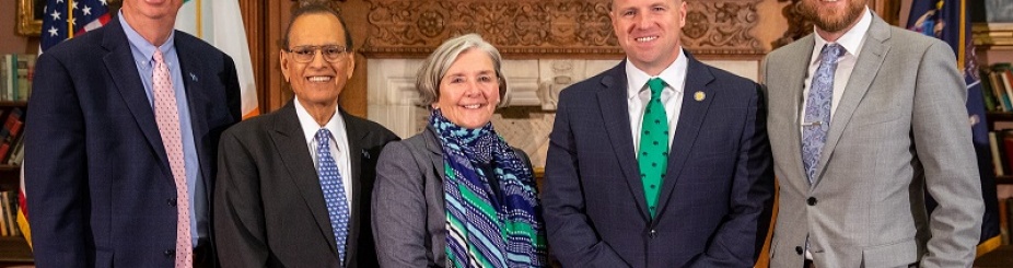 From left to right, Provost A. Scott Weber; President Satish K. Tripathi; Bonnie Kane Lockwood, regional director of Western New York for the governor's office; State Sen. Tim Kennedy; and Vice Consul General of Ireland in New York Dermot Fitzpatrick. 