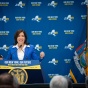 Gov. Kathy Hochul speaking at a podium. 