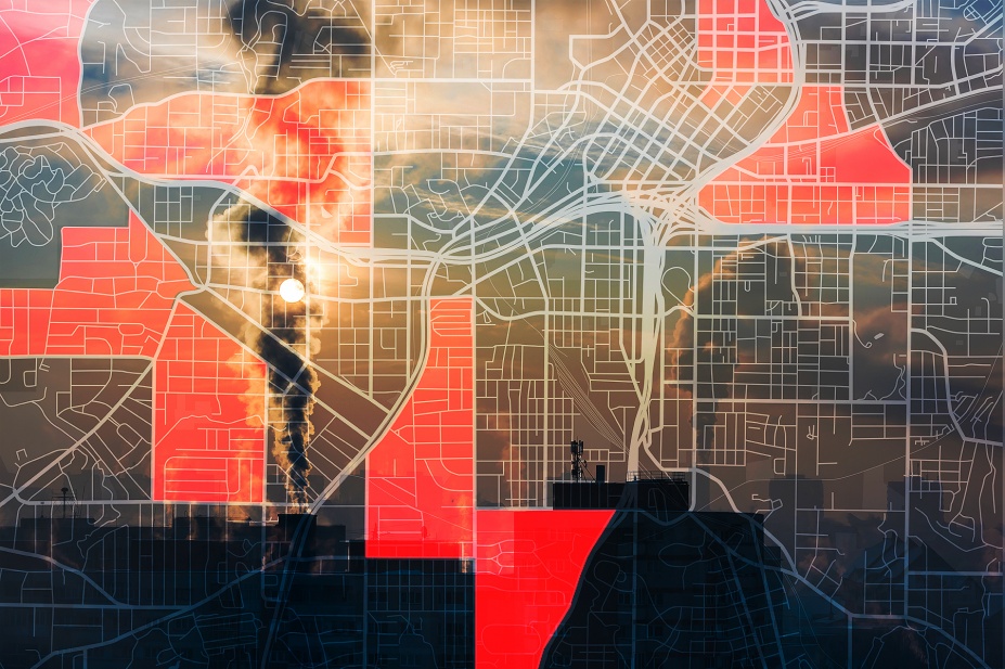 Zoom image: Photo illustration: University at Buffalo researchers found that, in New York State, the link between air pollutant exposure and ER visits for mental disorders was most pronounced in historically redlined communities. 