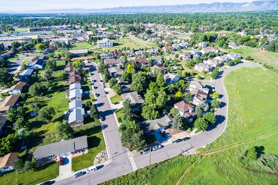 Aerial view of a neighborhood. 