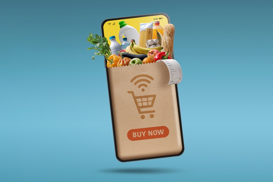 Concept of Instacart shopping featuring a phone that looks like a paper grocery bag with food and a reciept sticking out of the top.
